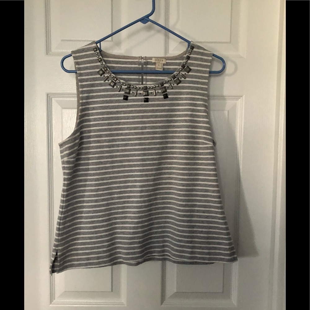J. Crew Factory gray white striped jewel neck top
